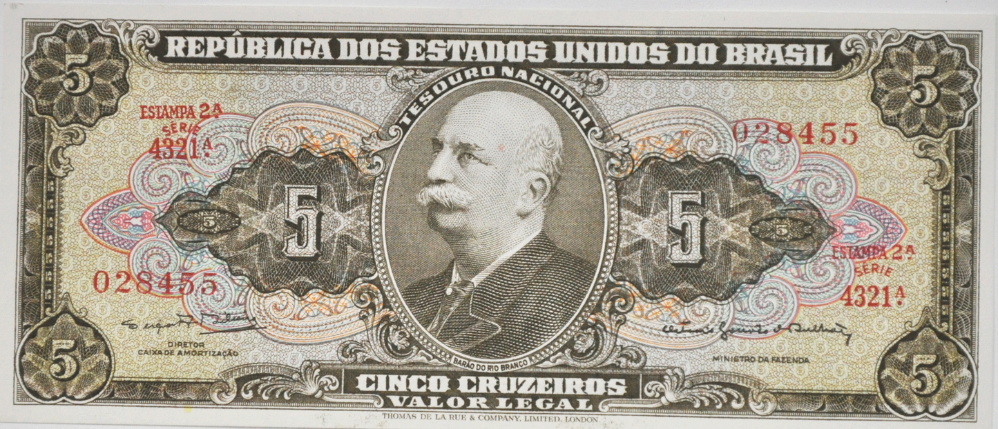 1964 Brazil Uncirculated 5 Five Pesos Note Currency 028455 2A 4321