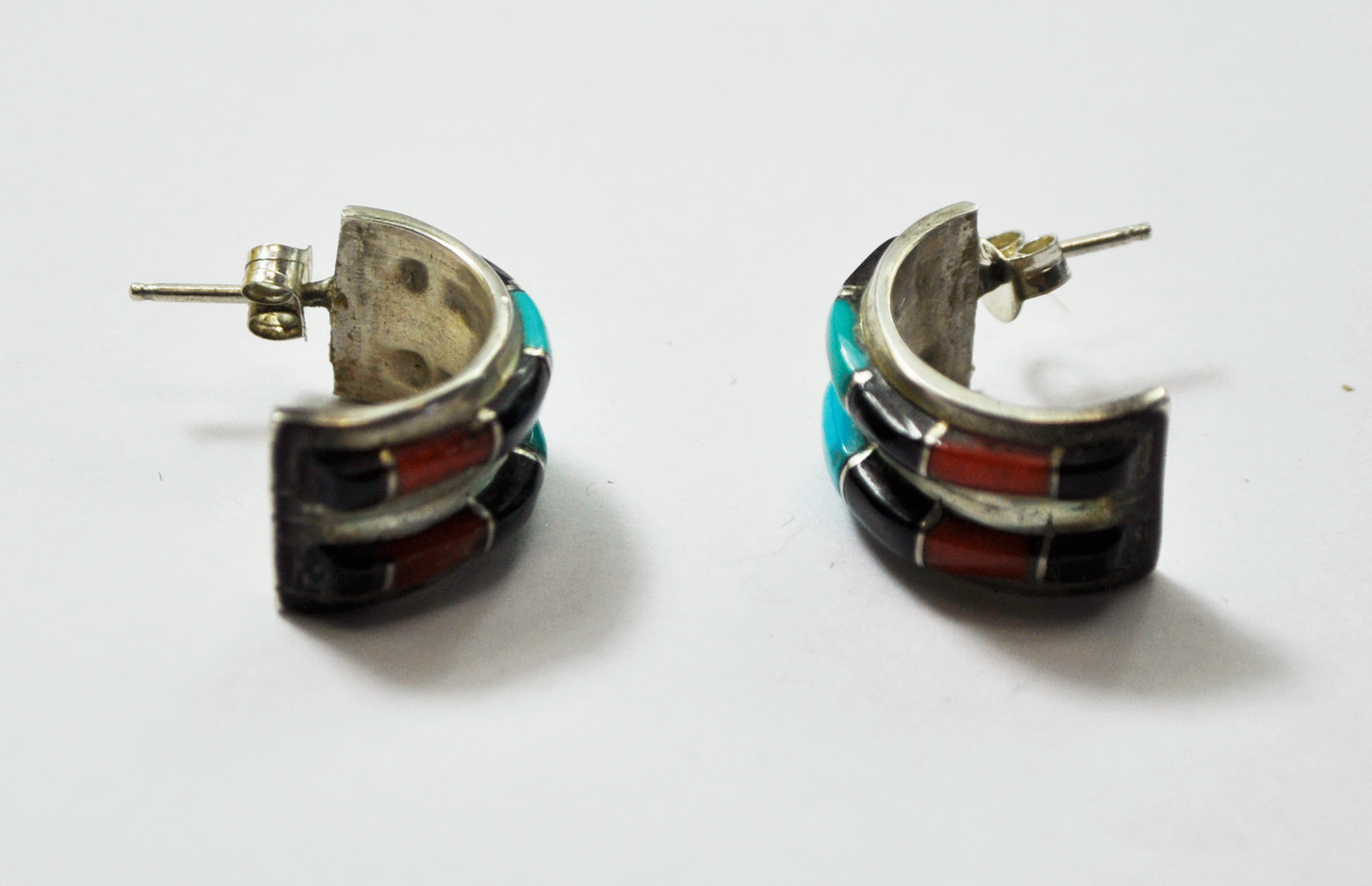 Sterling Silver Nastacio Turquoise Onyx Coral Double Row Hoop Earrings 20mm Stud