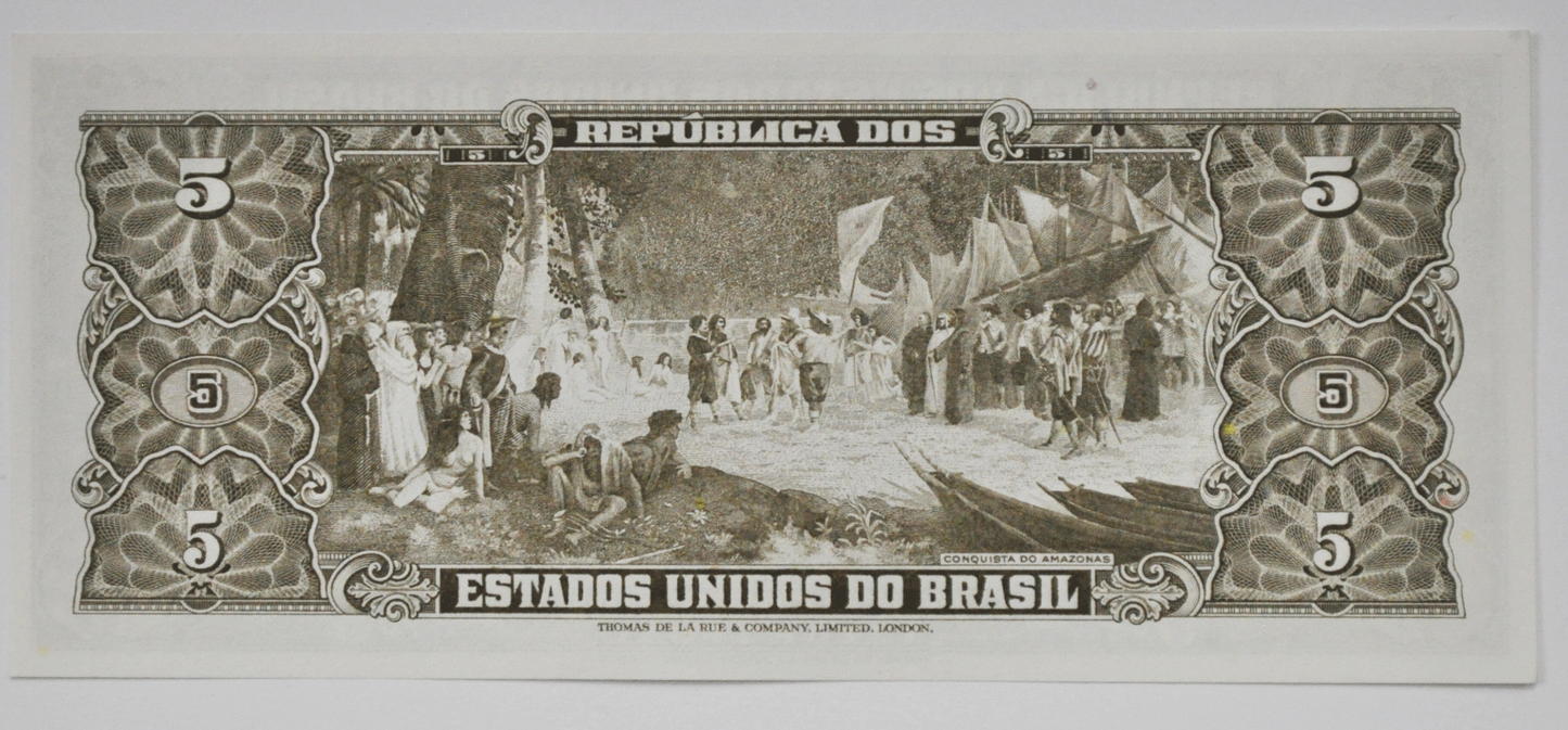 1964 Brazil Uncirculated 5 Five Pesos Note Currency 028455 2A 4321