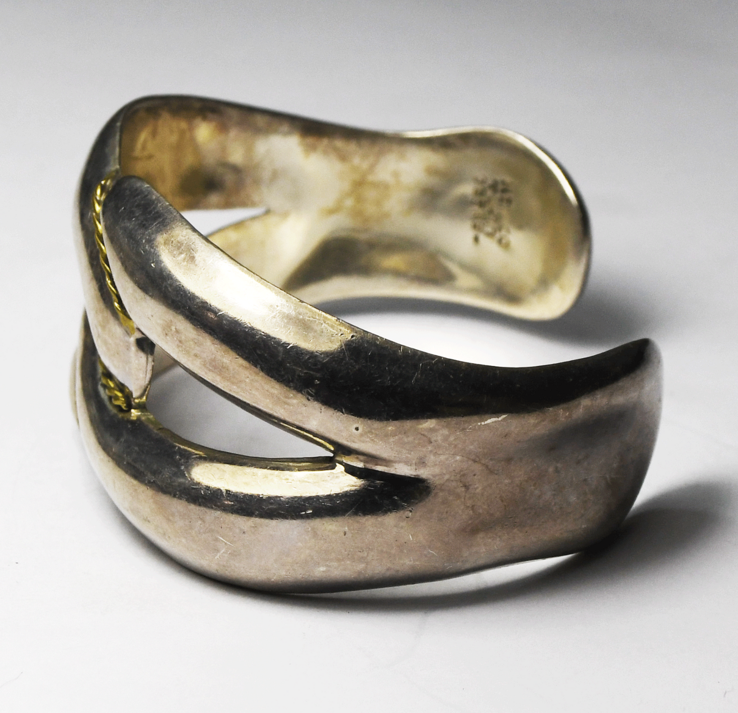 Sterling Silver Mexico Two Tone Cuff 30mm Bracelet 6.5" Wrist 45g