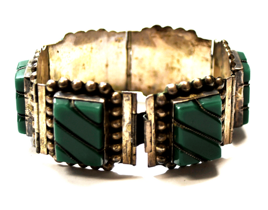 Sterling Mexican Jade Green Onyx Rectangle Bracelet 31mm 7-3/4" Wrist  75g