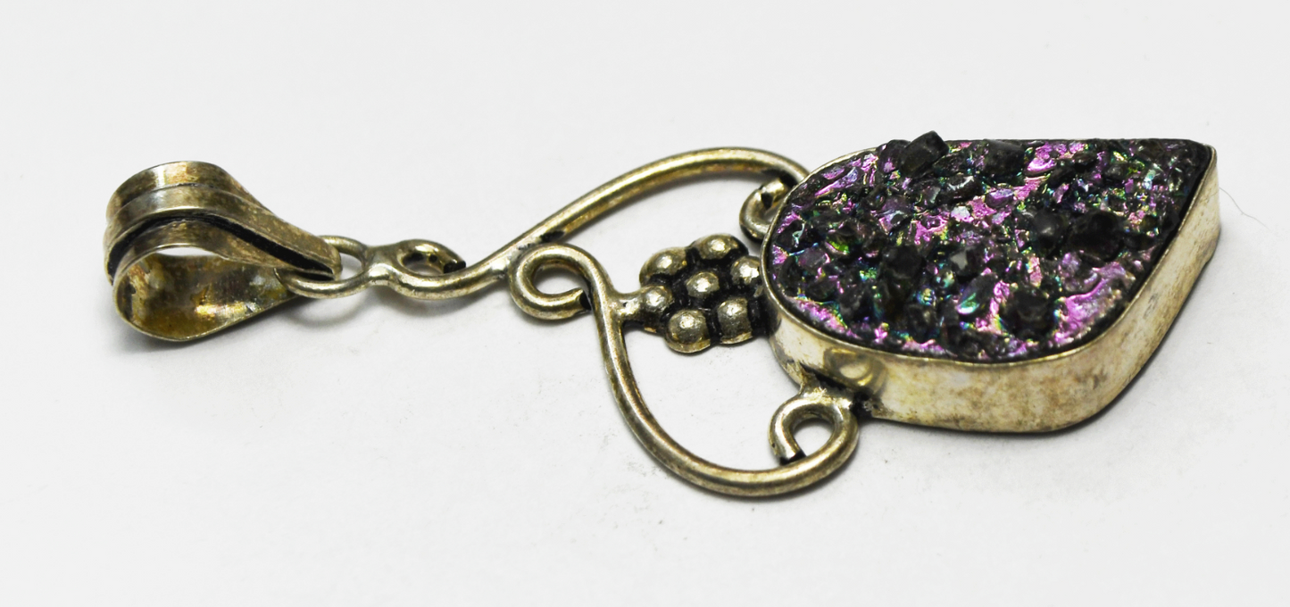 Sterling Silver Purple Druzy Quartz Flower Vine Pendant 63mm x 24mm