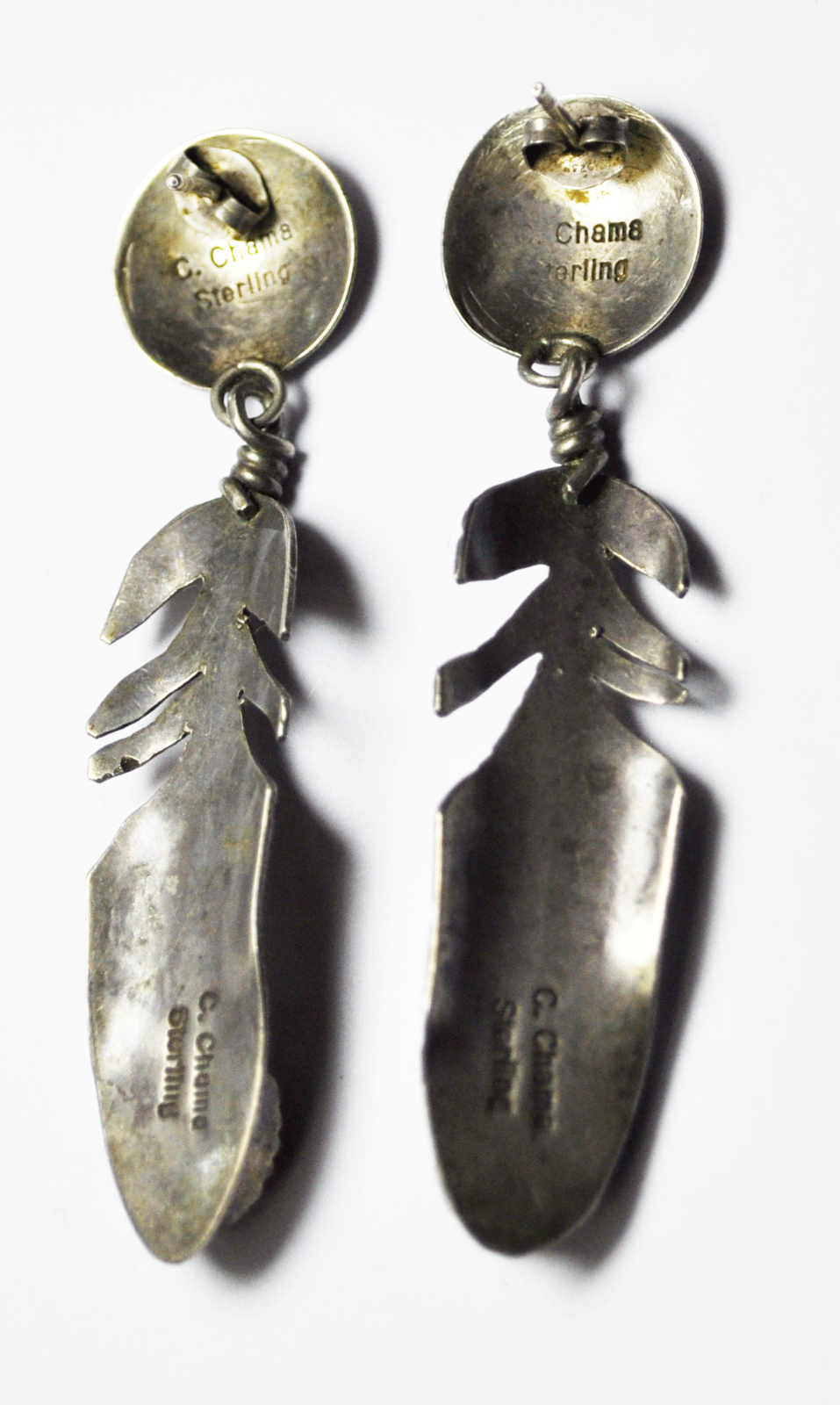 Sterling Silver C Chama Oval Tiger Eye Feather Dangle Etch Earrings 14mm 2-1/4"