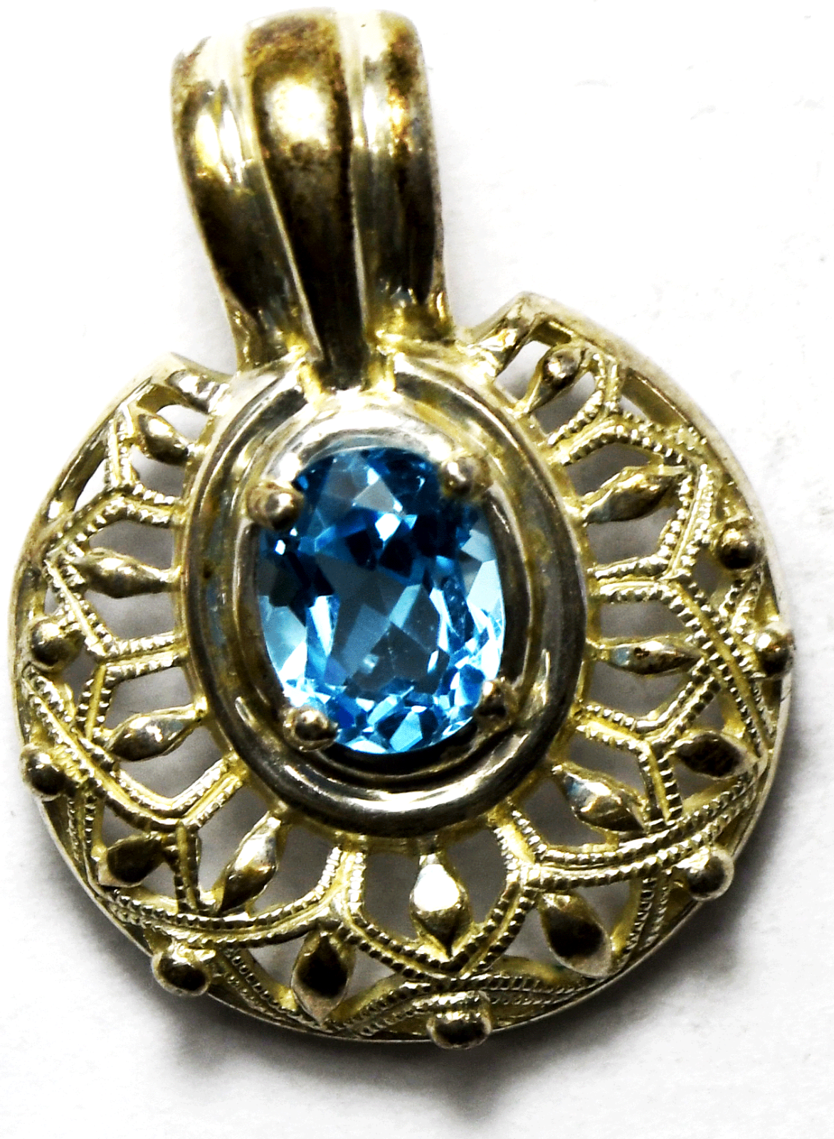 Sterling Silver Oval Blue Topaz Filigree Round Pendant 31mm x 23mm