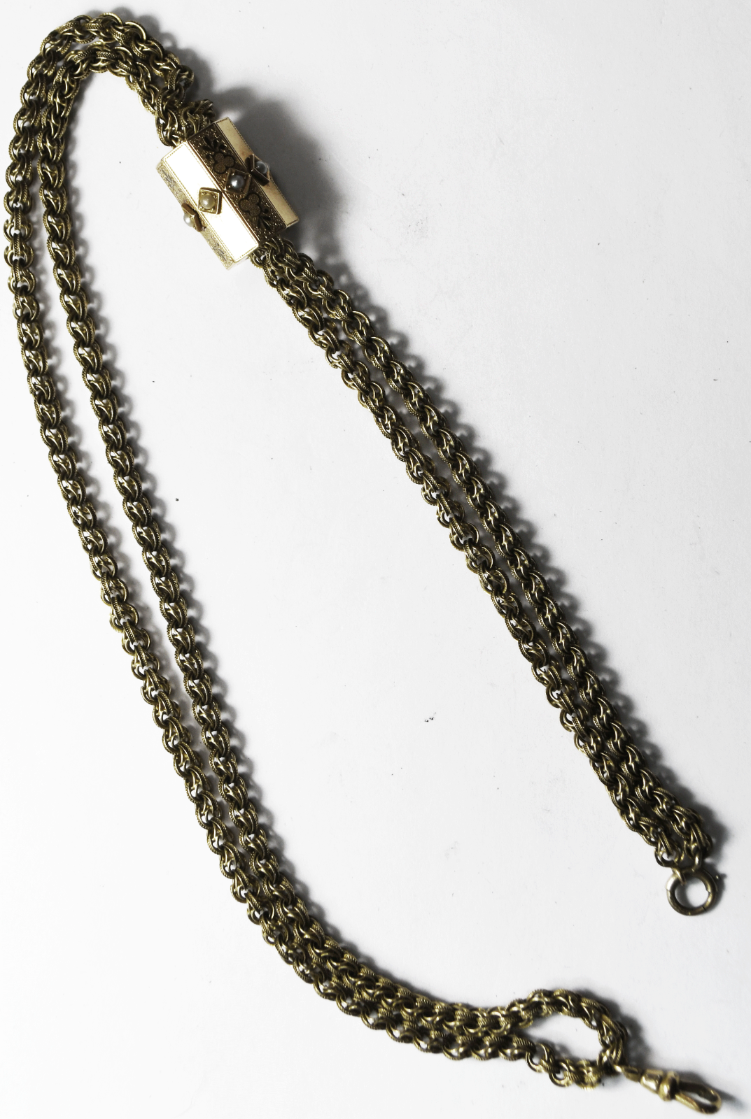 Gold Filled Pocket Watch Double 4mm Chain Pearl Octagon Slider 17"  38g