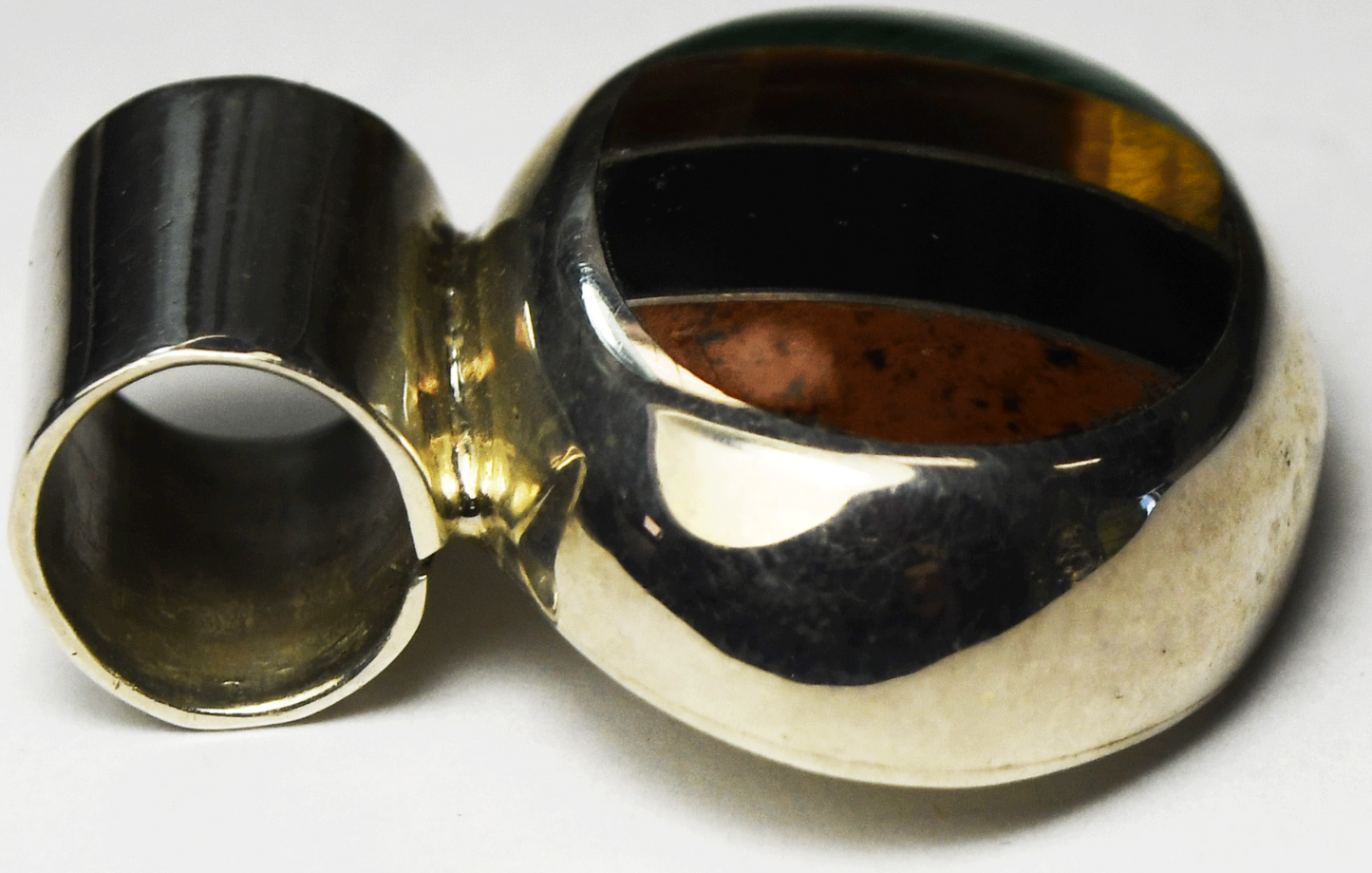 Sterling 950 Mexico Inlay Onyx Tigers Eye Malachite Pendant 29mm x 32mm