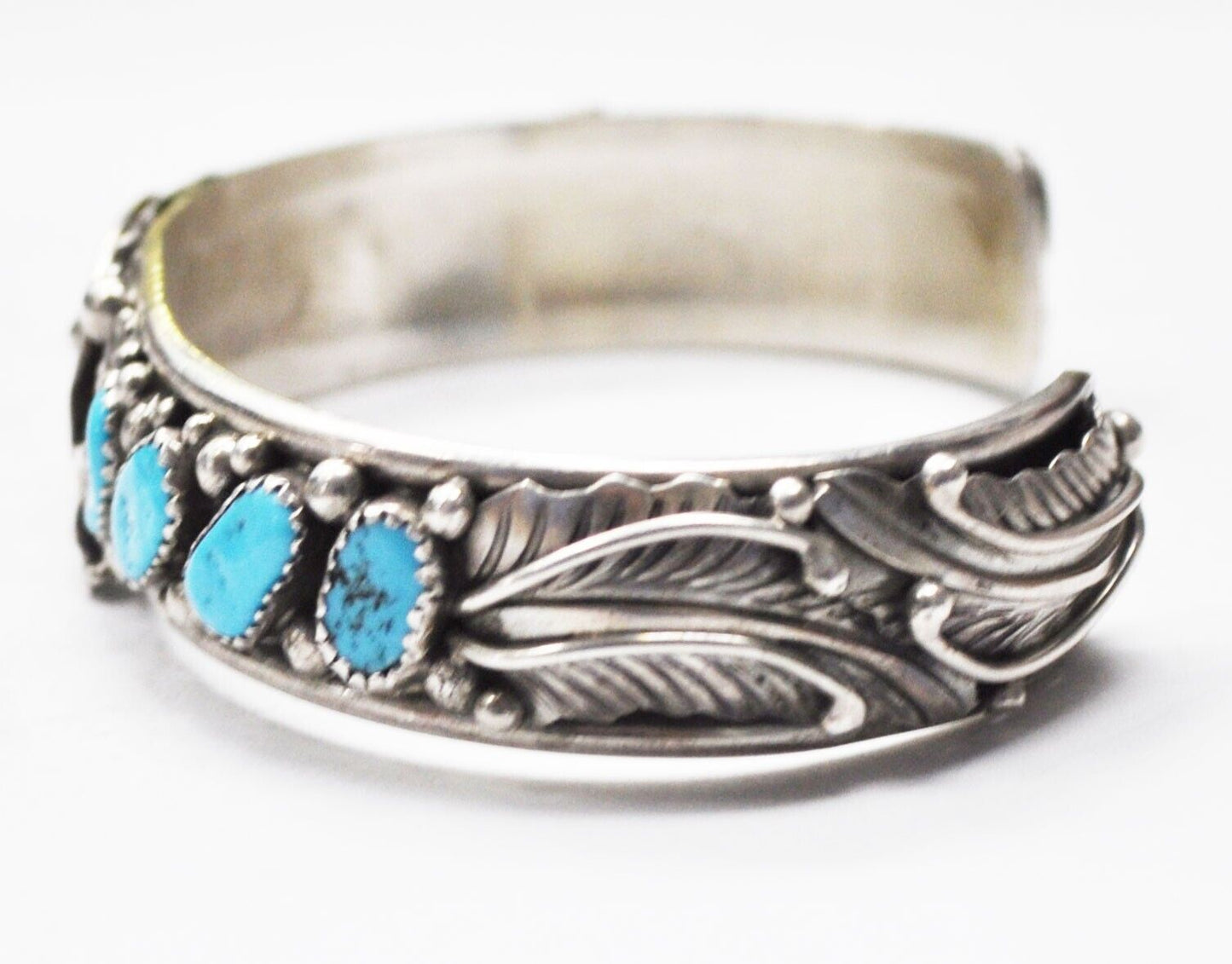 Sterling Silver Four Turquoise Floral Cuff Bracelet Signed S 7" Wrist