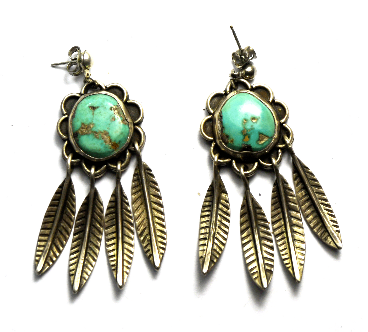 Sterling Silver Green Turquoise Feather Dangle Earrings 54mm x 21mm