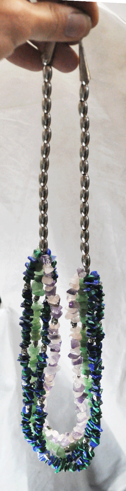 Sterling Silver Jade Malachite Lapis Bead 4 Strand Necklace Heavy 7ozt. 30"