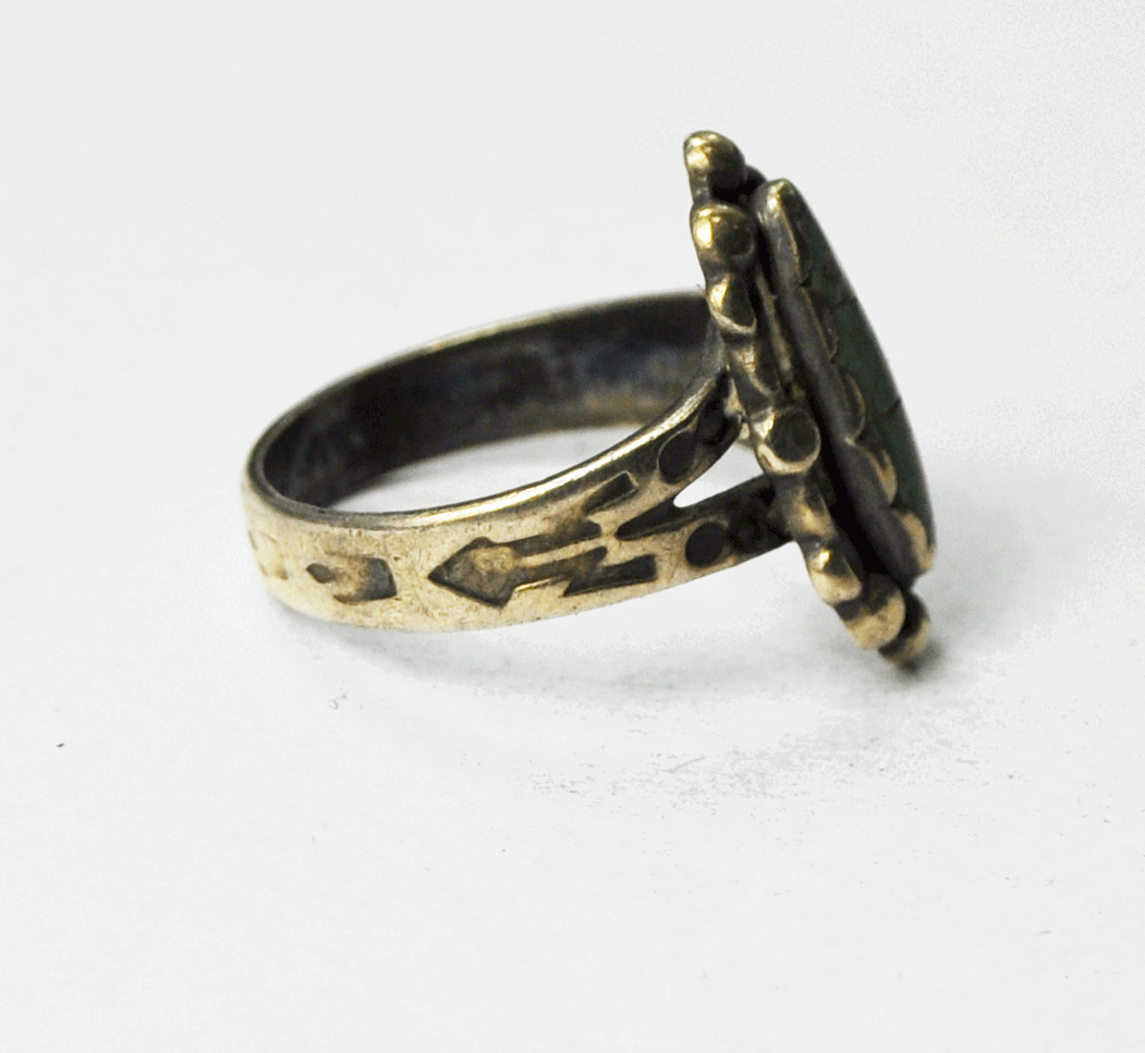 Antique Sterling Silver 1930's Turquoise Etched Ring 16mm Size 2