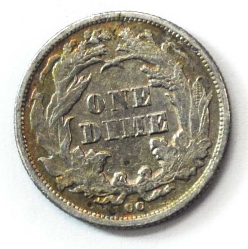 1875 CC 10c Seated Liberty Silver Dime Ten Cents Carson City Below Bow