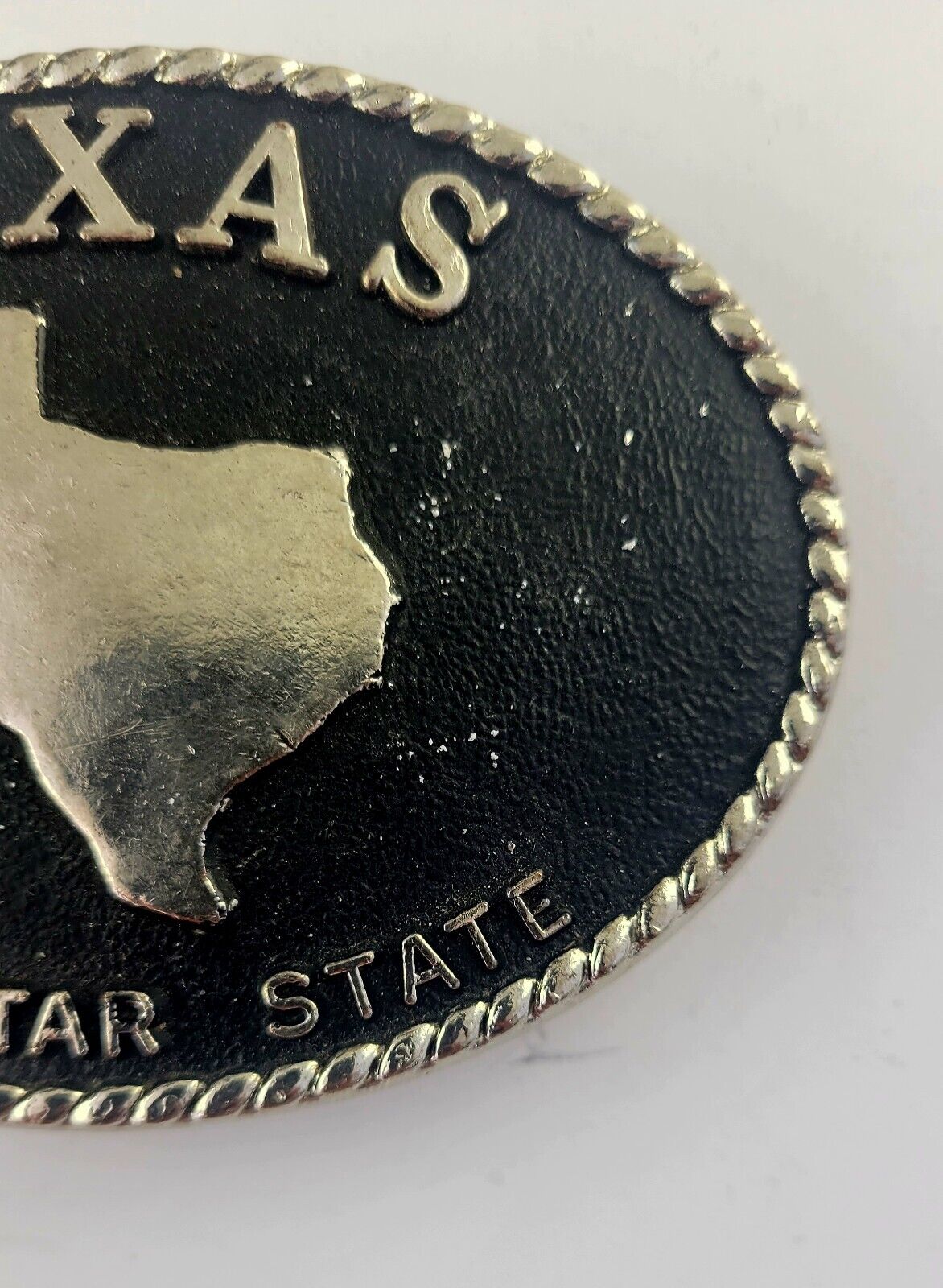 Vintage Lone Star State Texas State Belt Buckle Black Oval Worn 4 x 2 3/4"
