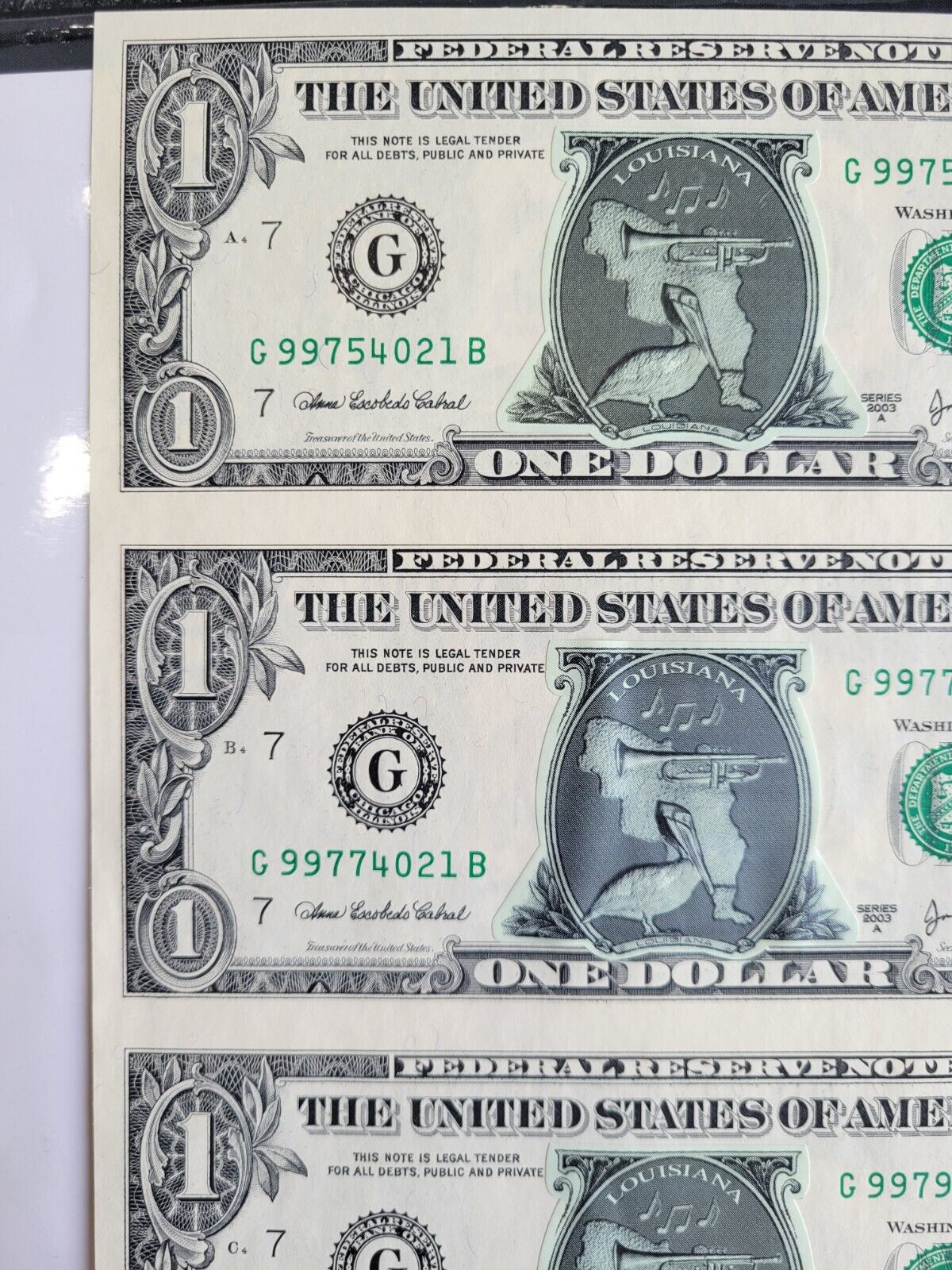 2003 United States Commemorative Gallery Uncut, Uncirculated $1 Bills Louisiana