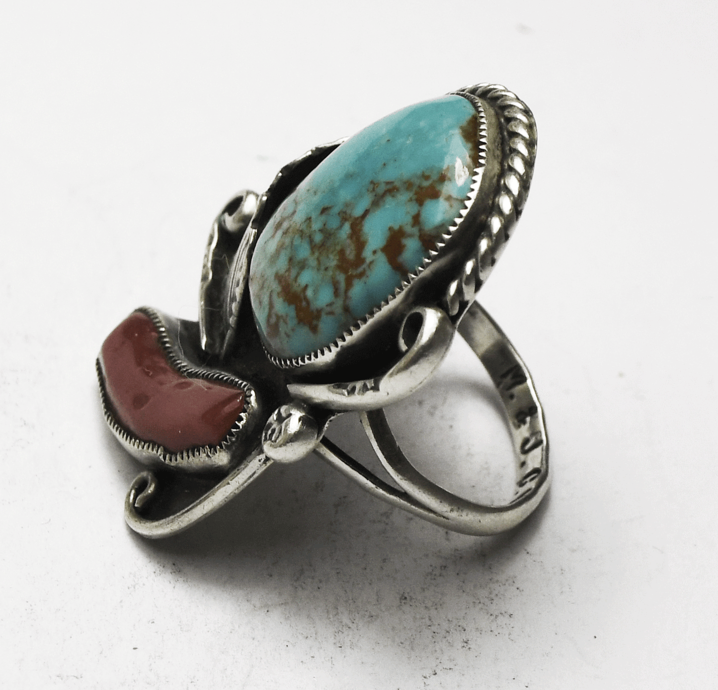 Sterling Silver M&J CY Turquoise & Coral Floral Ring 38mm Size 8