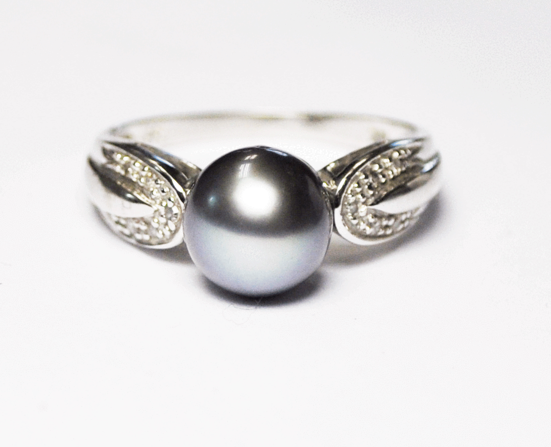 Beautiful 10k White Gold Tahitian Black Pearl & Diamond Rings 8.5mm Size 8