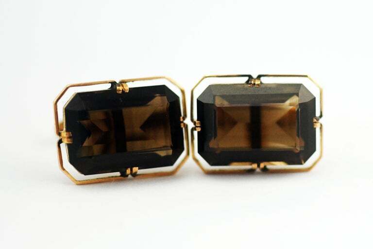 Elegant 14 Karat Gold Emerald Cut Beautiful Smoky Quartz Mens Cufflinks Vintage
