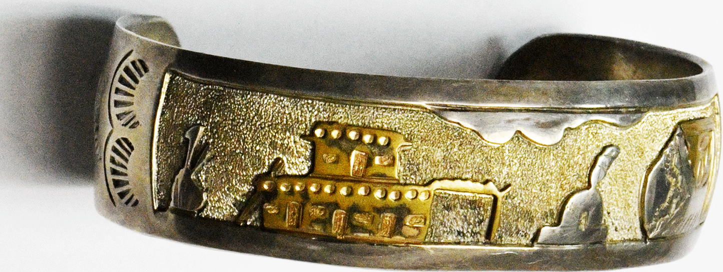 WHT Sterling Two Tone Story Teller Landscape Cuff Bracelet 19mm 7" Wrist