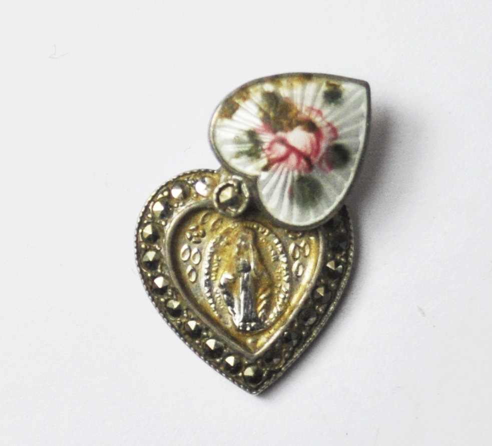 Theda Guilloche Enamel Puffy Heart Hidden St Mary Charm Marcasite Halo 15x18mm
