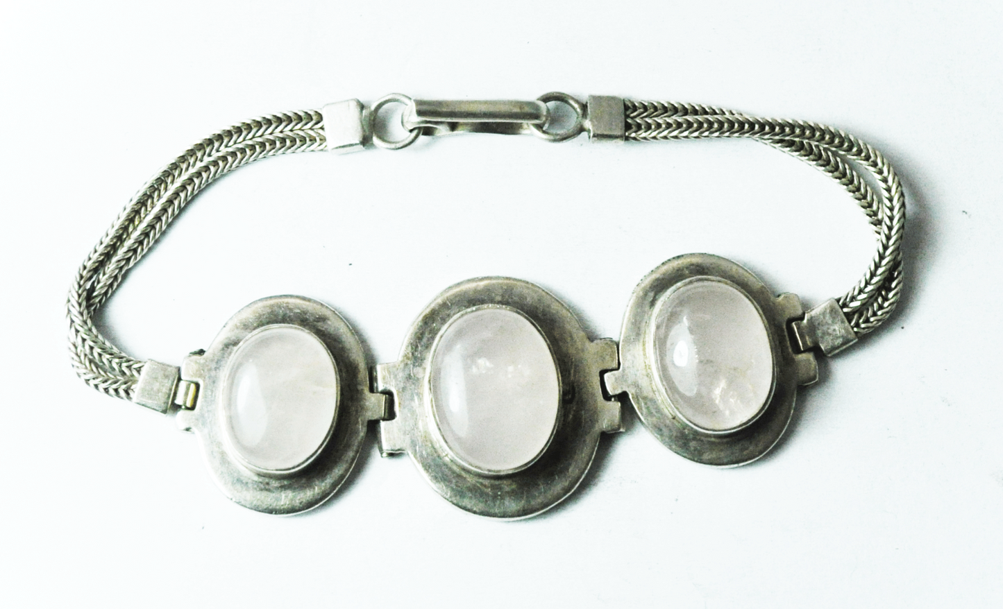 Sterling Silver Light Pink Crackled Quartz 26mm 3 Oval 2 Chain Bracelet 7.5"