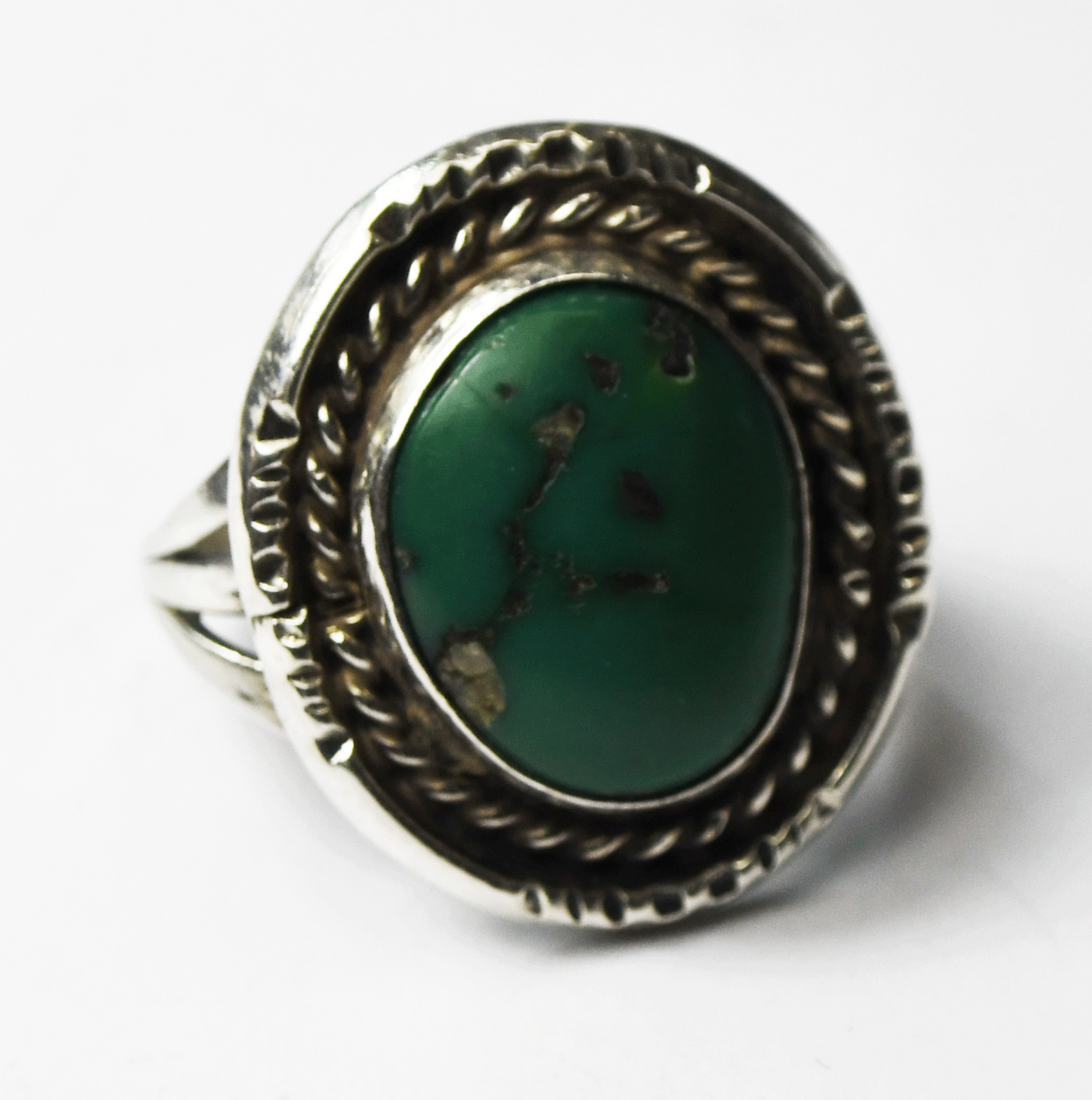 Sterling Silver Vintage Green Turquoise Oval 3 Split Band Ring 25mm Size 7