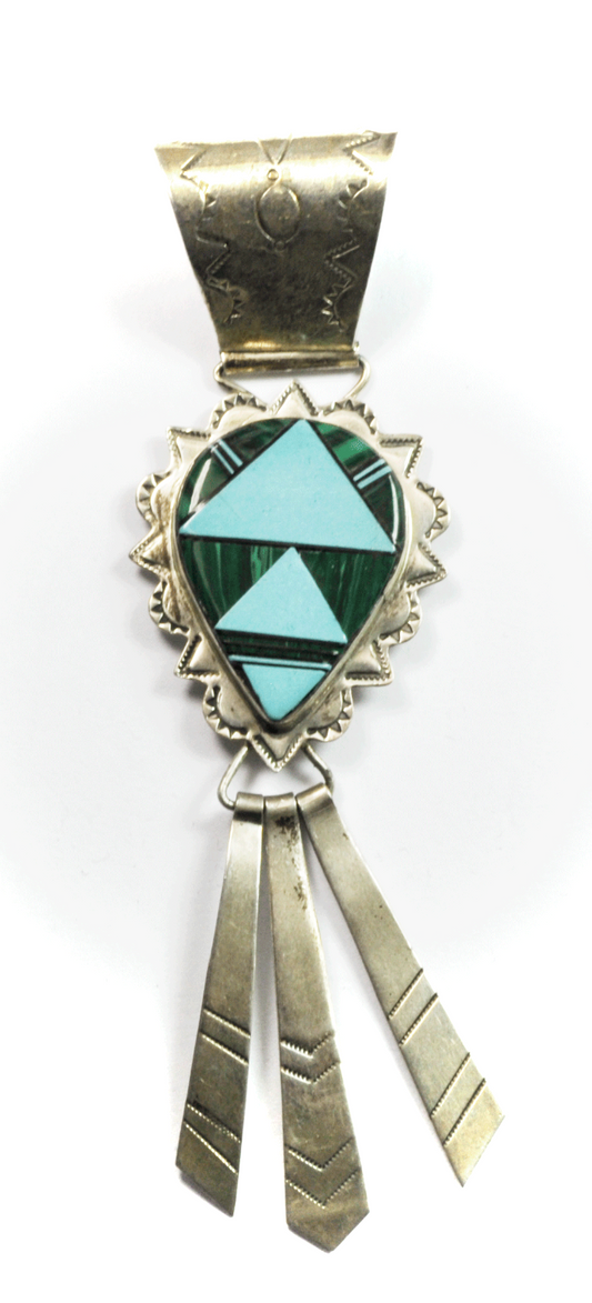 Sterling Silver J. Hoskie Turquoise Inlay 4.25" Dangle Pendant Large Etched Bale
