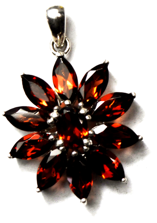 Sterling Silver Garnet Flower Red Pendant 32mm x 21mm