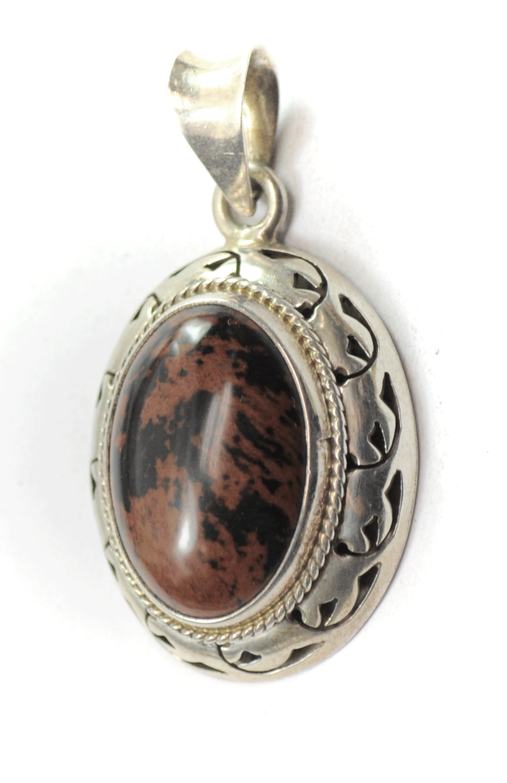 Sterling Mexico Brown & Black Mahogany Obsidian Oval Heavy Pendant 50mm x 29mm
