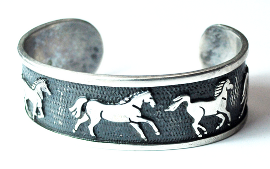 Sterling Silver Five Running Embossed Horse Cuff Bracelet 23mm 7" Wrist