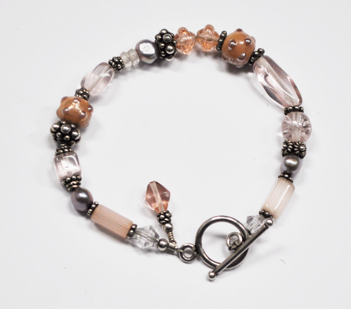 Sterling Silver Light Pink Iridescent Glass 9mm Bead Bracelet Toggle 7"