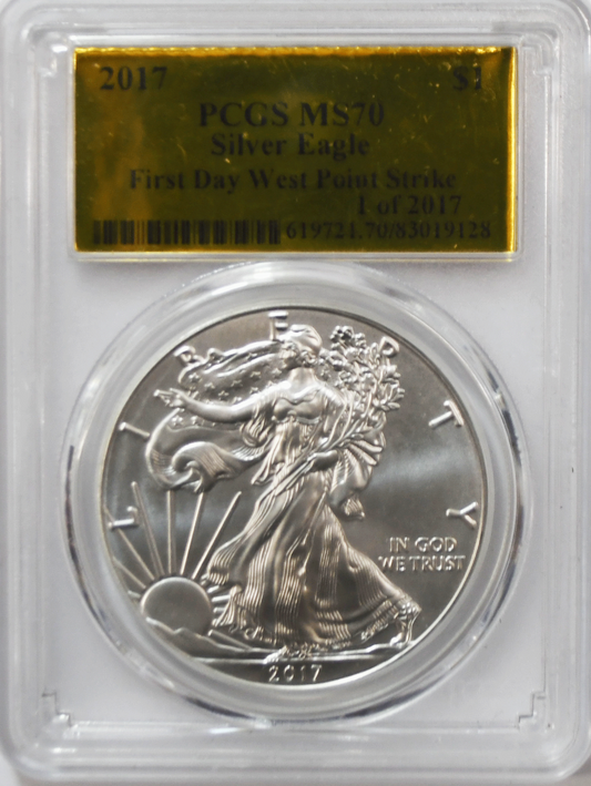 2017 $1 American Silver Eagle Dollar PCGS MS70 First Day West Point Gold Label