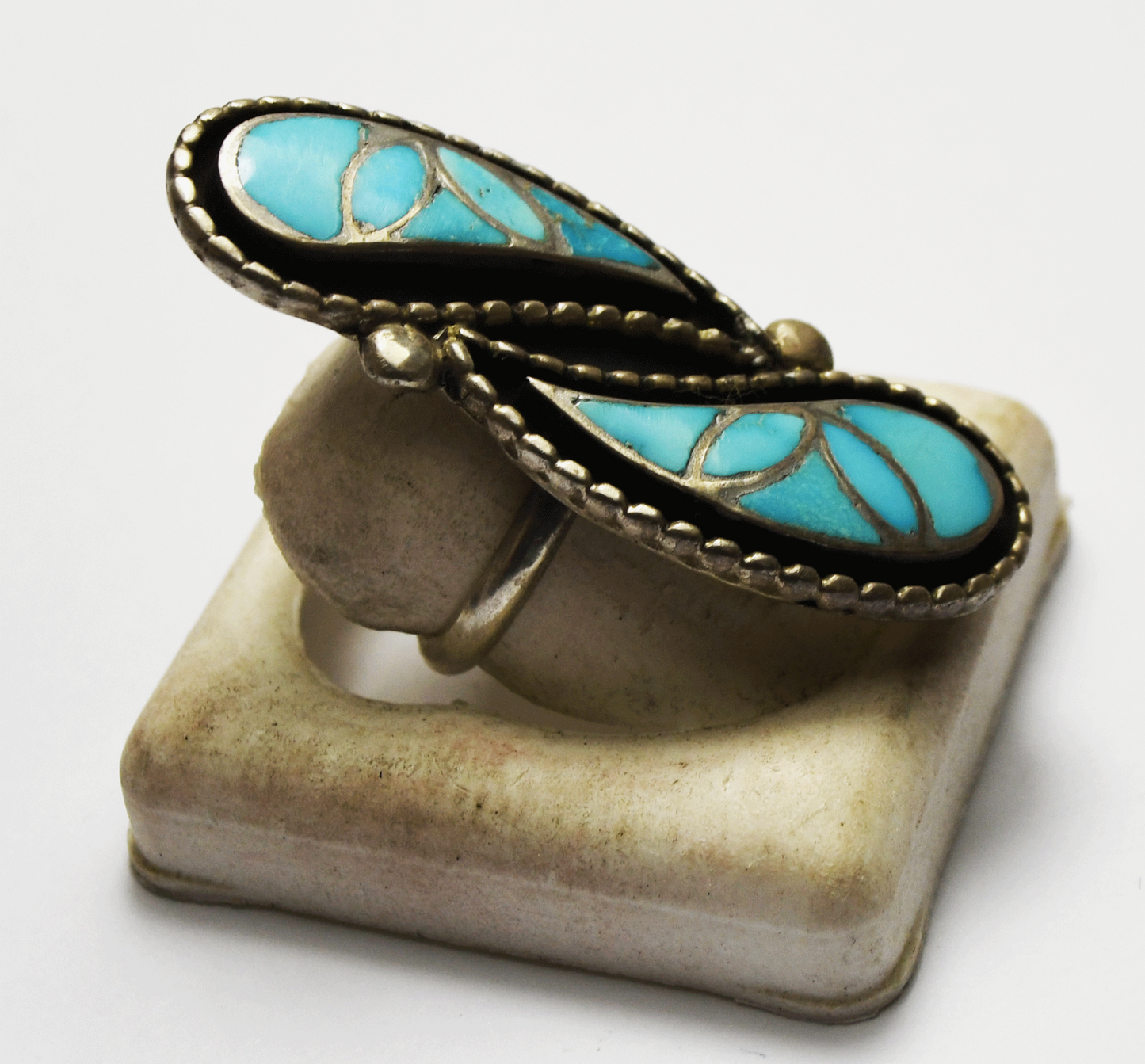 Sterling Willis Susie Leekity Turquoise Inlay Elongated Ring 43mm Size 6