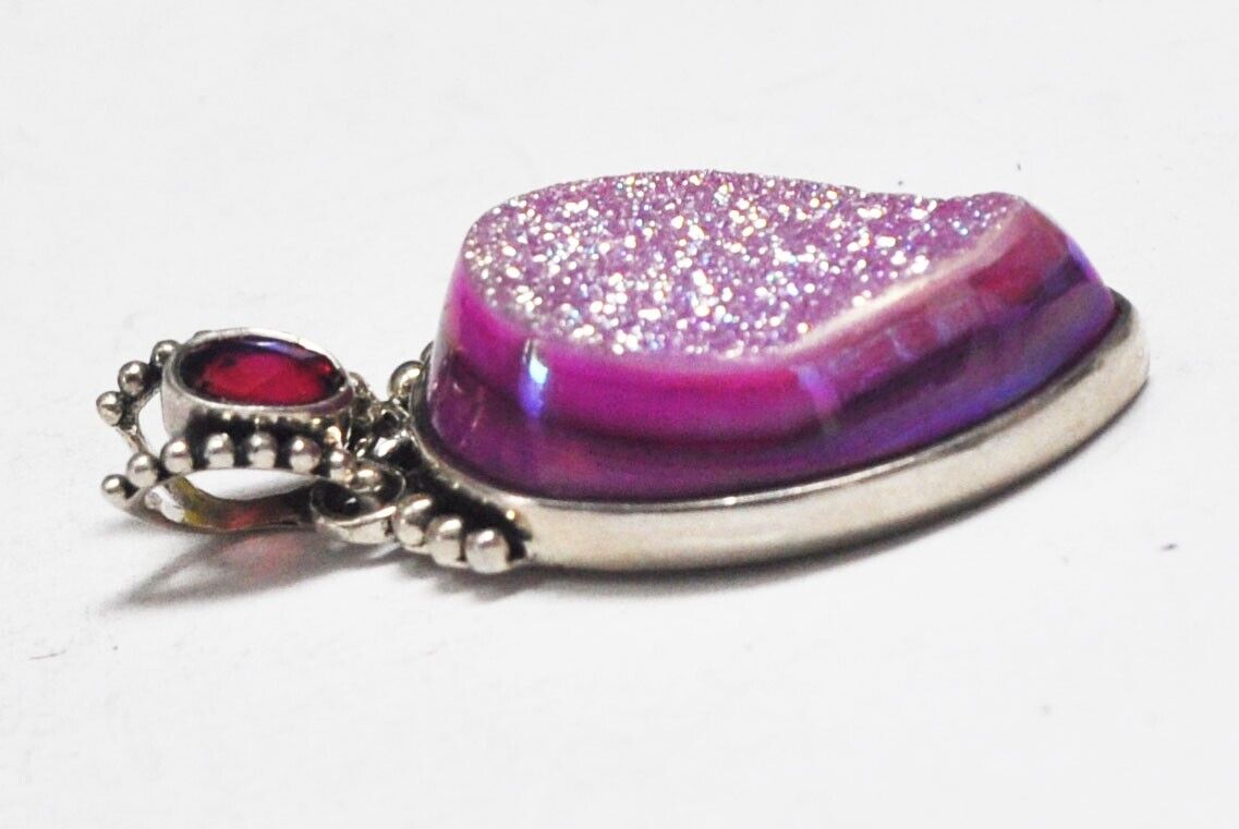 Sterling Silver Pink Druzy Quartz Teardrop Sajen Pendant 38x19mm