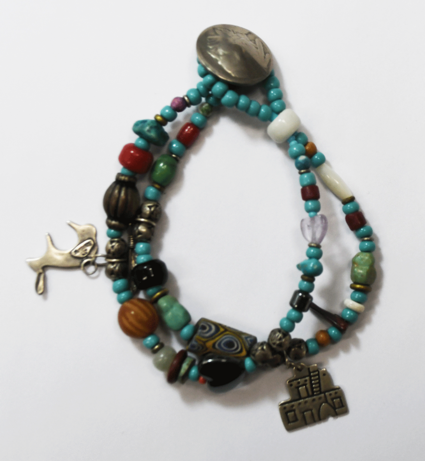 Sterling Turquoise Beaded 2 Strand Toggle Bracelet Buffalo Nickel Bar 8mm 7.75"