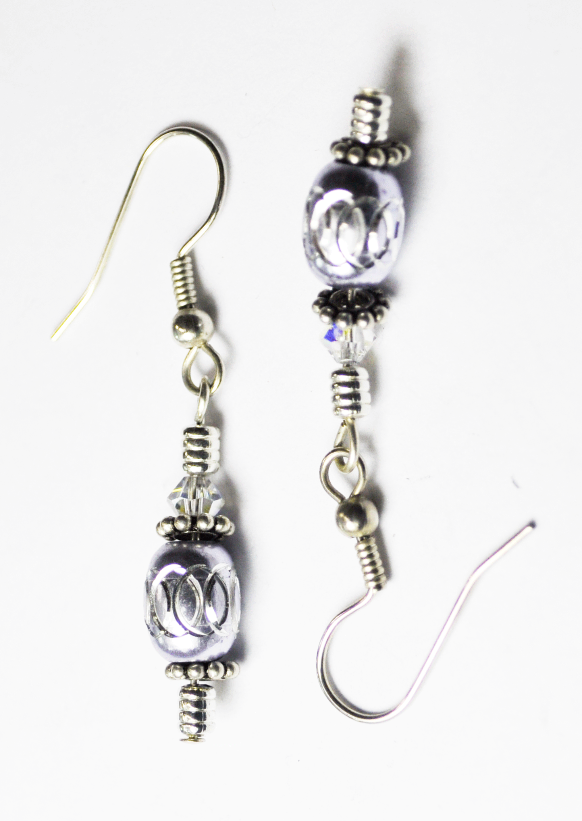 Beautiful Silver Plated Silver Oval Bead Crystal Dangle 1-3/4" Earrings 8mm