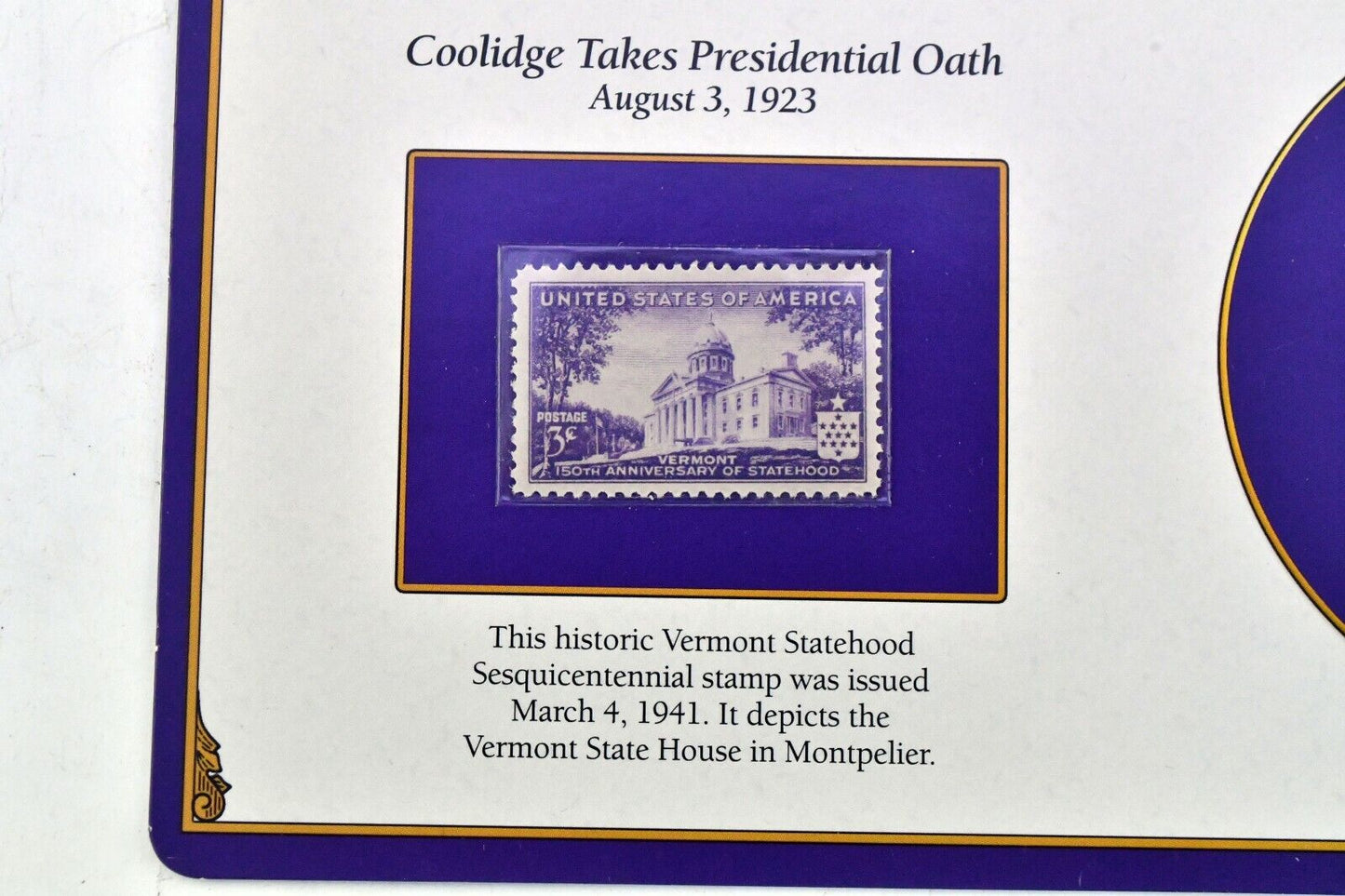 U S Postal Commemorative 1923 $1 Peace Silver Dollar Coolidge Stamp Vermont