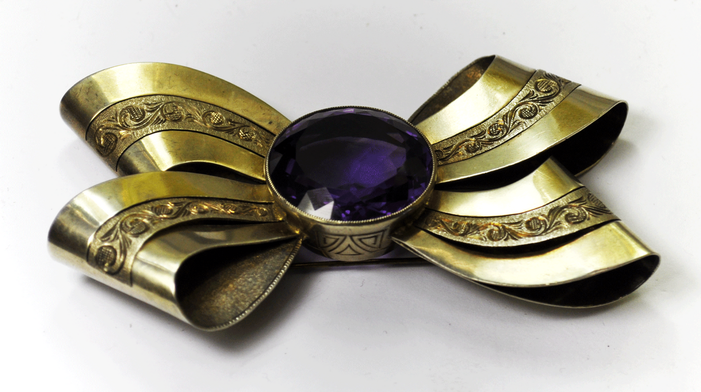 Vintage 900 Fine Silver 4" Large Bow Scroll Lace 29mm Amethyst Brooch Pin 60g