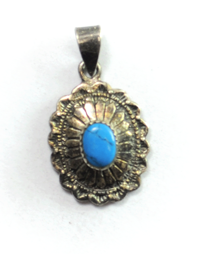Sterling Silver Signed JC Turquoise Domed Oval Reeded Halo Pendant 17mm x 30mm