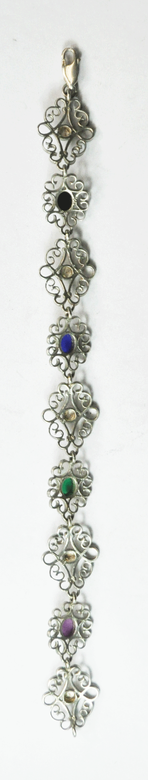 Sterling Silver Filigree Multi Color Stone Link Bracelet 17mm 7.5"
