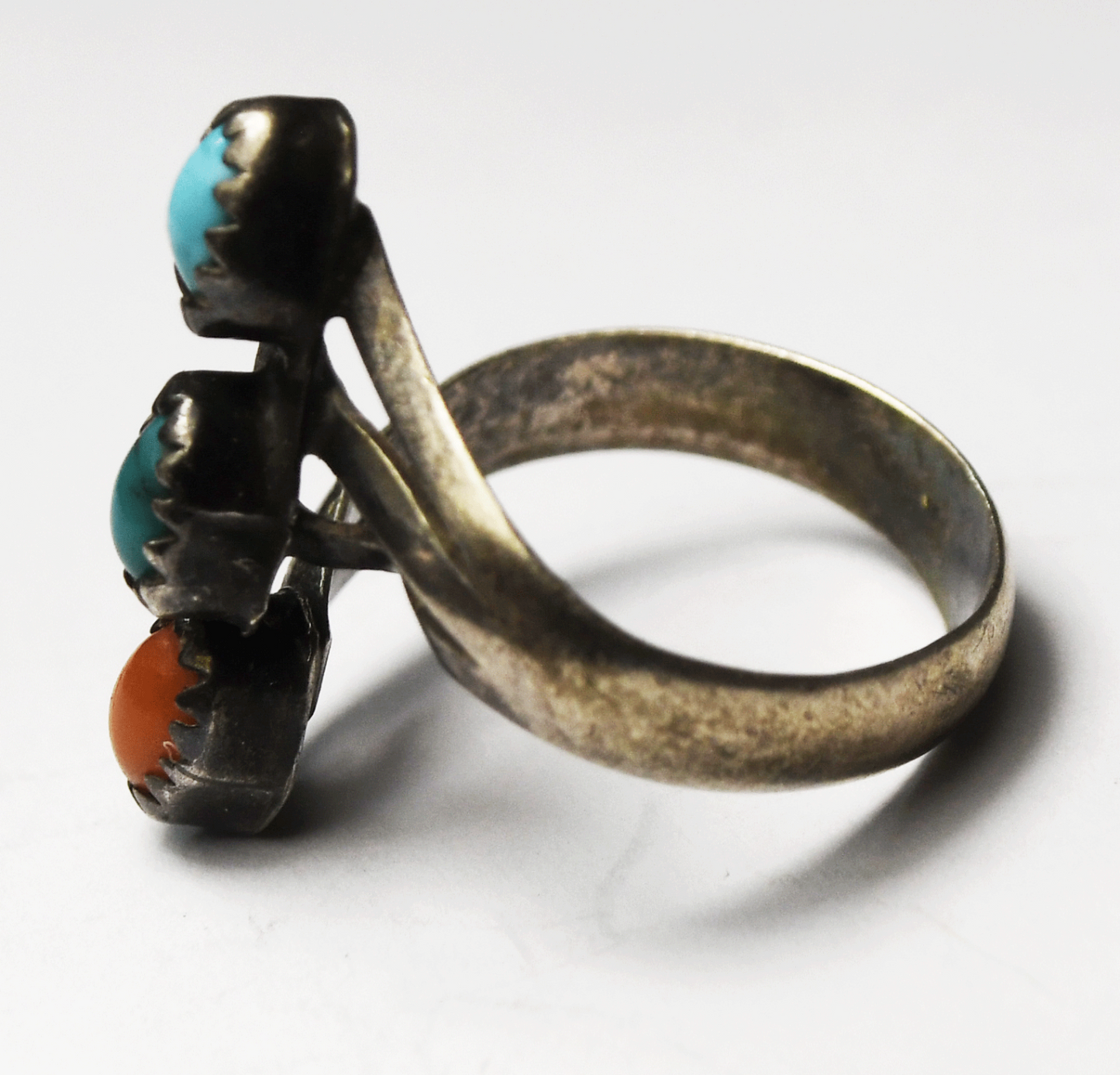 Sterling Silver Turquoise Coral Bypass Adjustable Ring 20mm Size 5.5