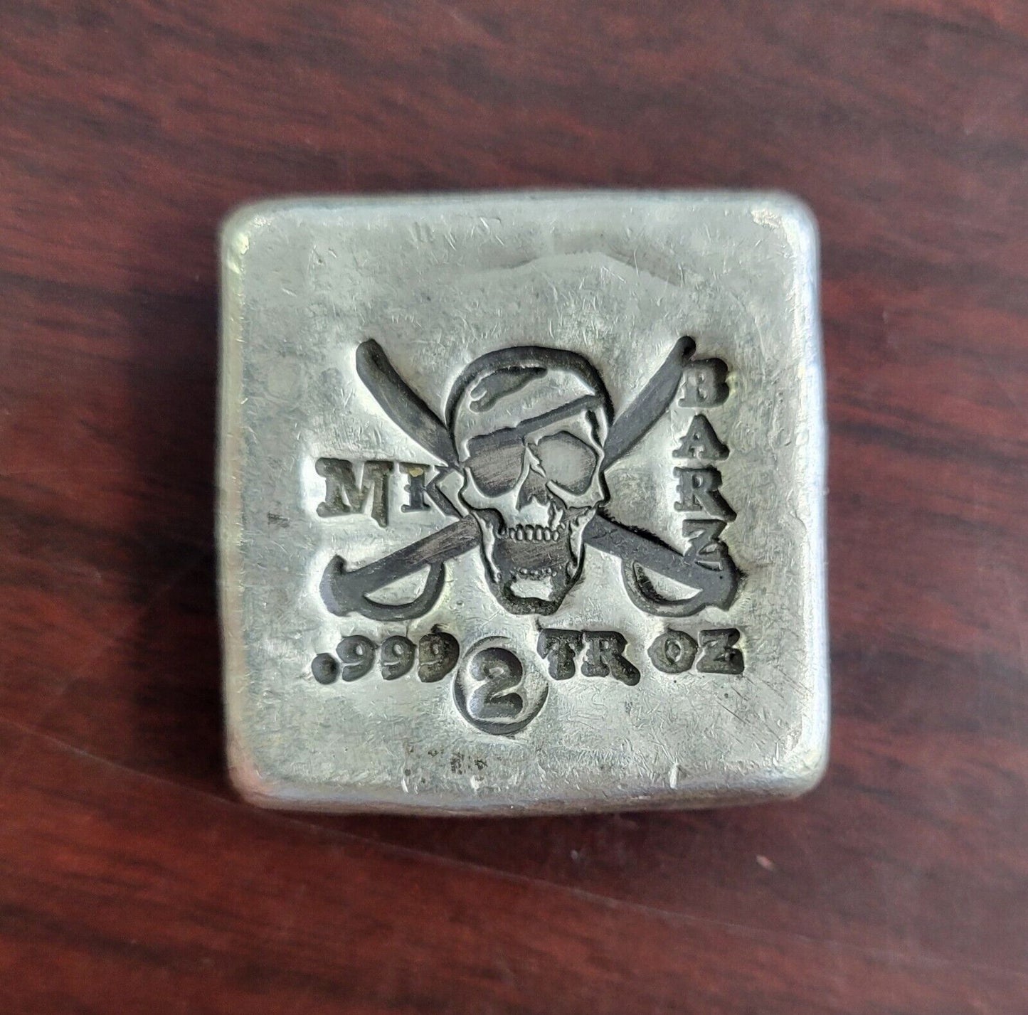 MK Barz 2oz Pirate Square Nugget .999 Fine Silver Poured Skull Crossbones