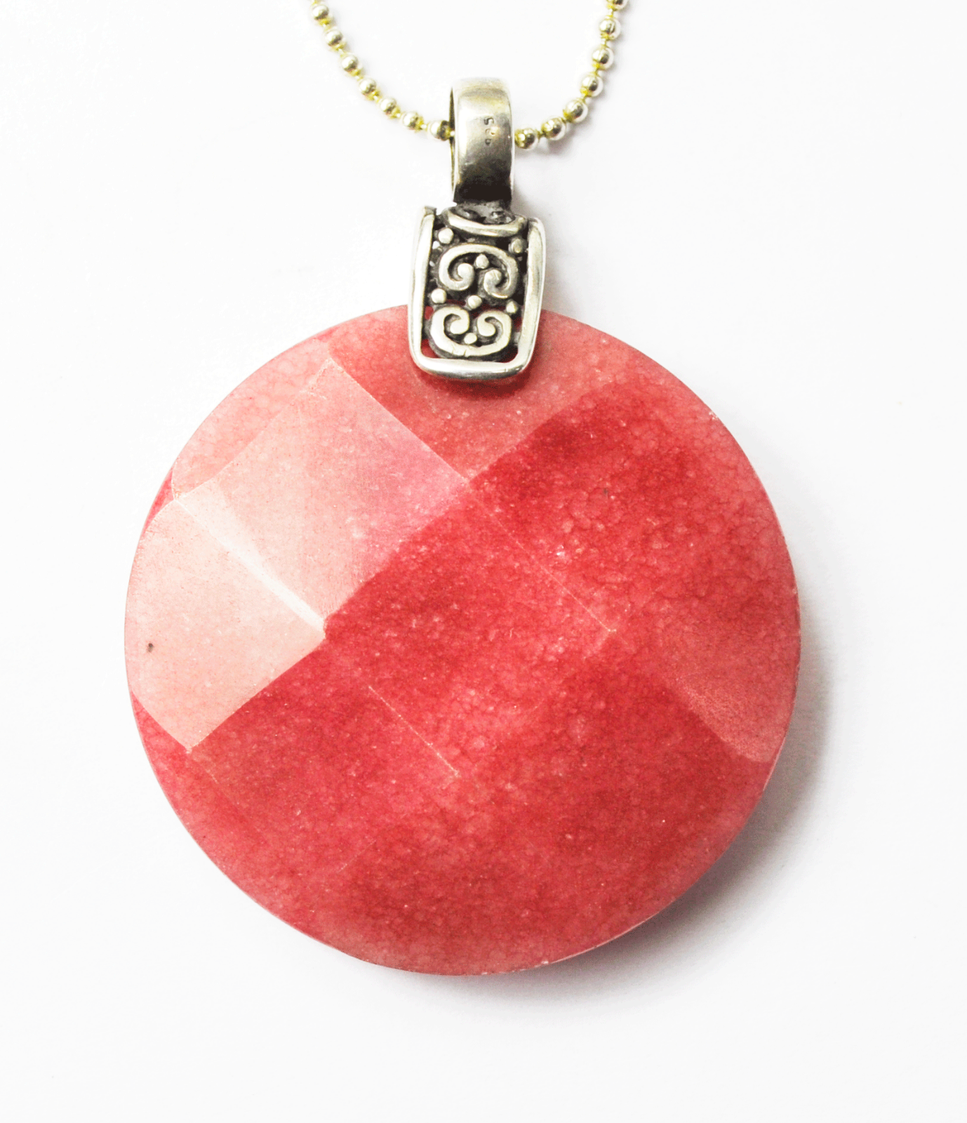 Sterling Silver Large Pink Aventurine 40mm Round Checkerboard Pendant 18"