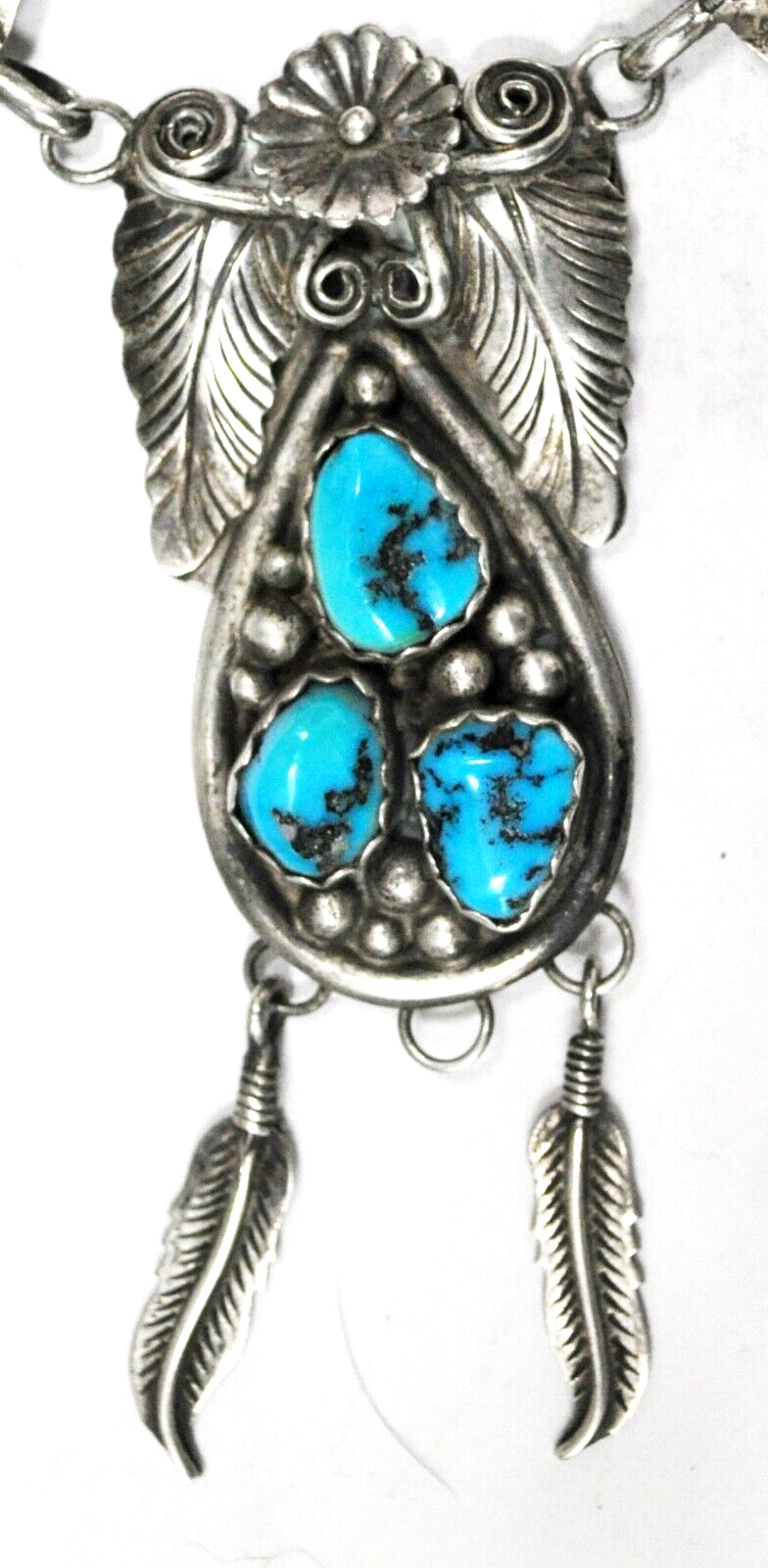 Sterling Silver Turquoise Cluster Teardrop Floral Necklace 61mm Pendant 17-3/4"