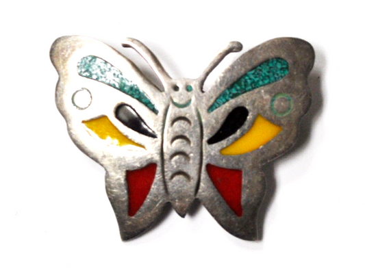 Sterling Silver Mexico TC-254 Turquoise Chip Enamel Butterfly Brooch Pin 43x33mm