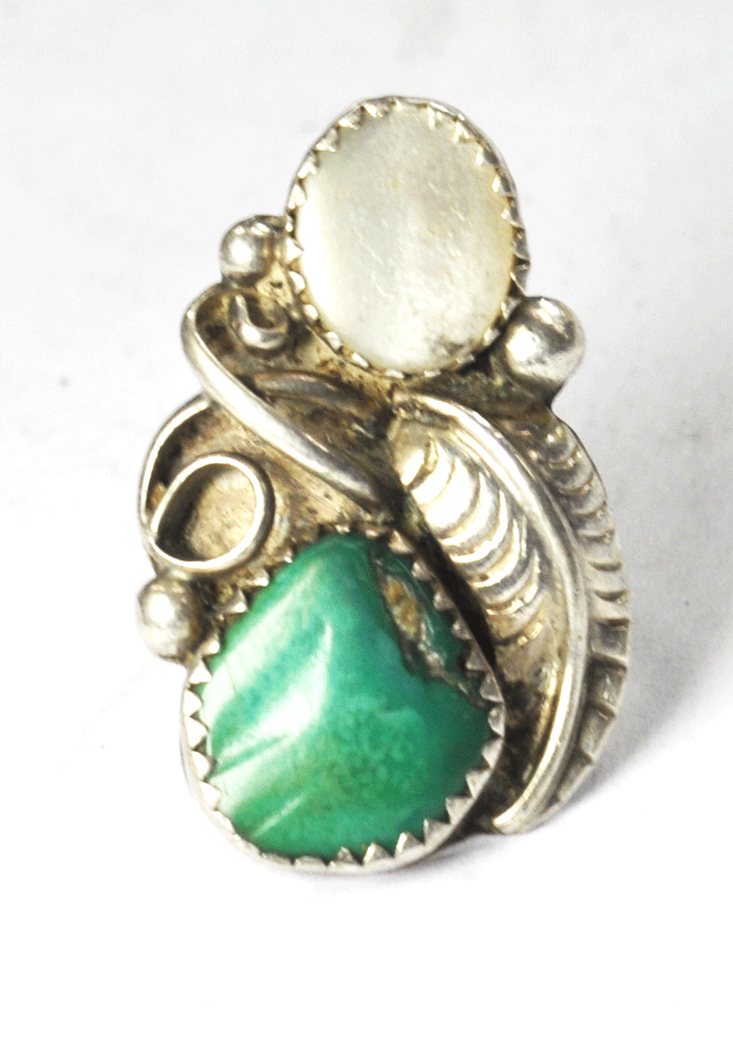 Antique Sterling Silver Green Turquoise & MOP Floral Dot Ring 29mm Size 5