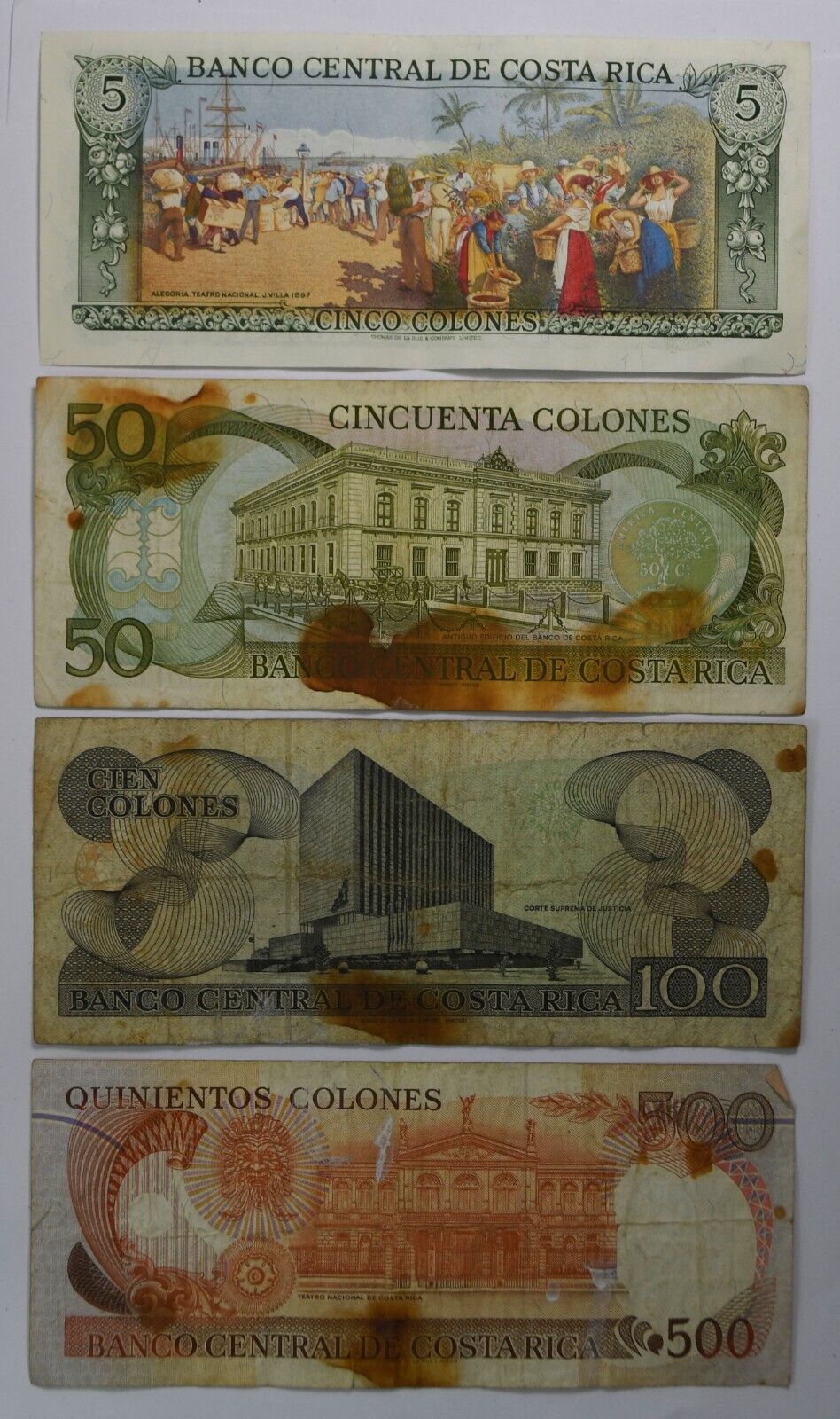 1987-94 5 50 100 & 500 Costa Rica Banknotes Circulated