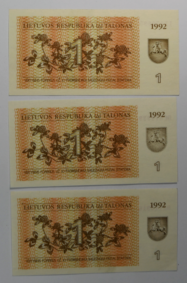 3- 1992 Lithuania Uncirculated Banknotes One Talonas