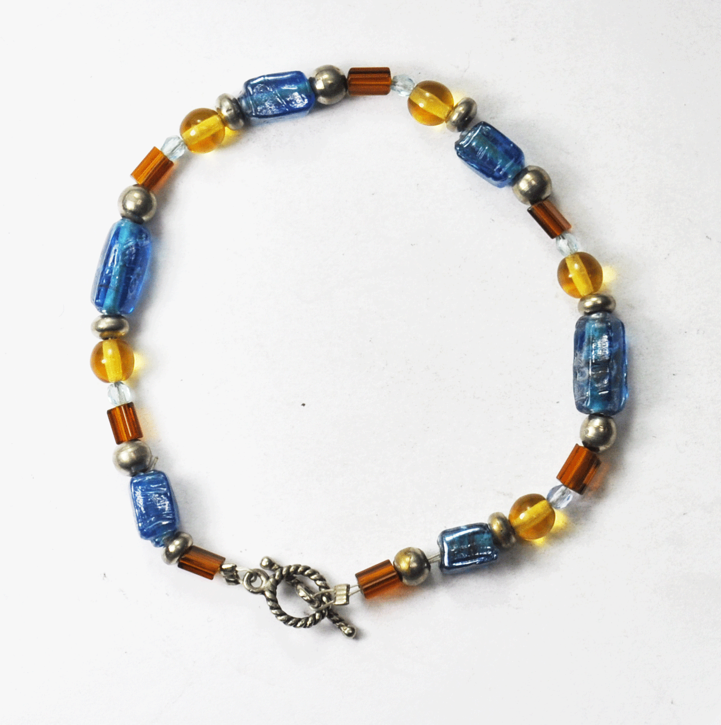 Silver Plated Blue Brown & Orange Glass Bead Toggle Bracelet 10mm 8"