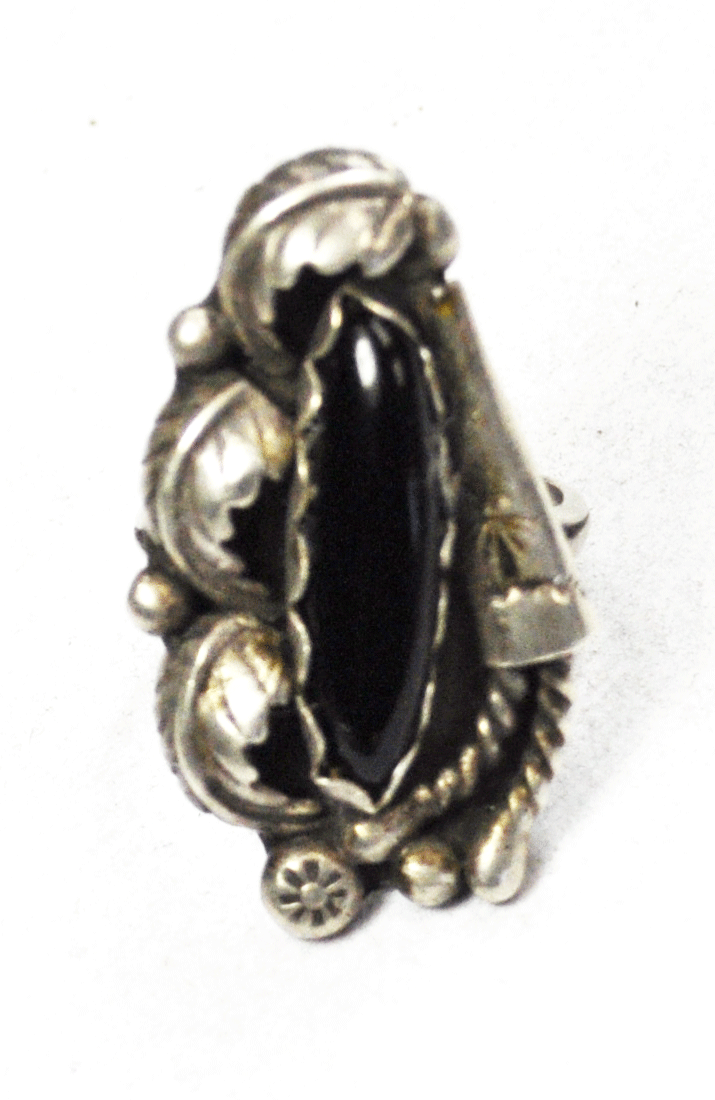 Sterling Silver Sarah Curley Bolo End Onyx Ellipse Floral 35mm Ring Size 5