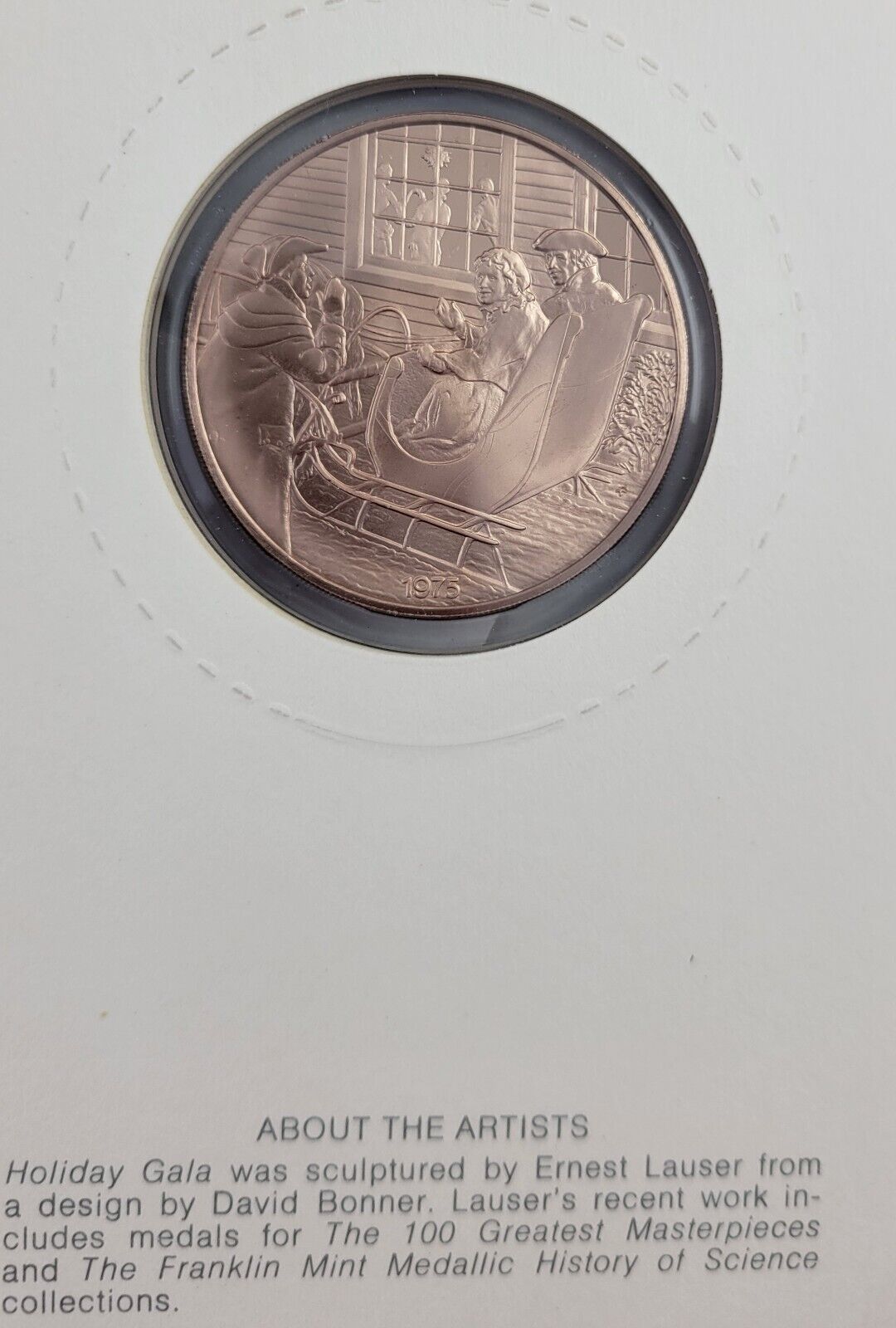 Franklin Mint Bronze Holiday Gala, 1975 Christmas Coin w/Holder Card