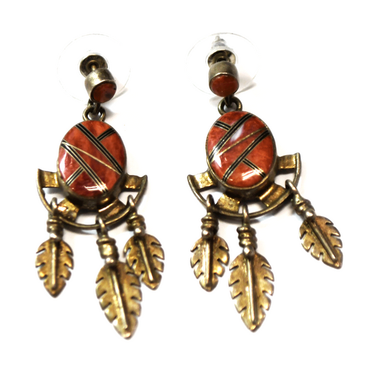 Sterling Silver Lizard Stamp Coral Inlay Earrings Feather Dangle 46mm x 17mm